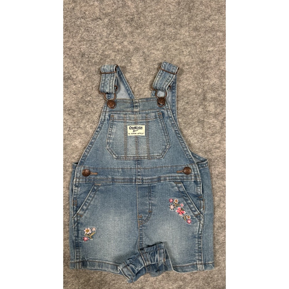 Vintage Y2K OshKosh B'gosh Denim Shortalls Embroidered Flowers Vestbak Size 12M